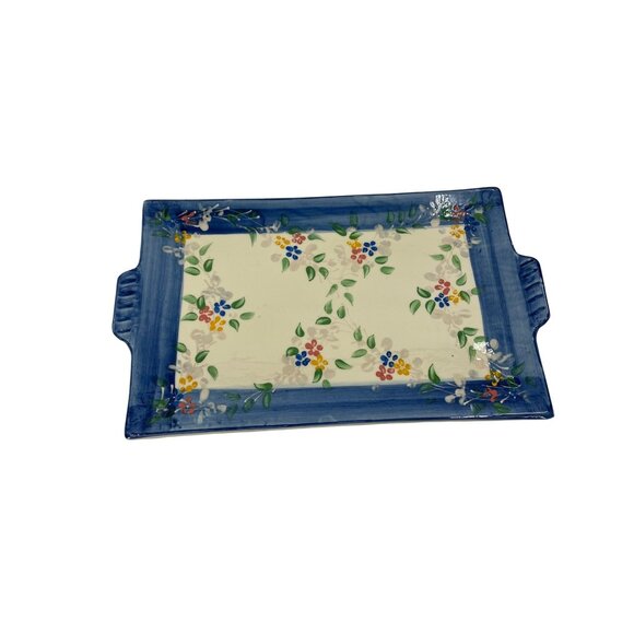 Poterie Provence Hand-Painted Ceramic Serving Platter Floral‎ Blue Border - Picture 2 of 8